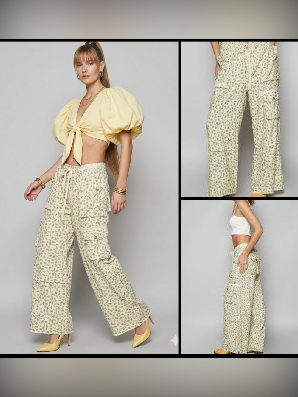 POL Garden Glow Floral Cargo Ditsy Boho Wide-Leg Pale Yellow Cottagecore Pants S